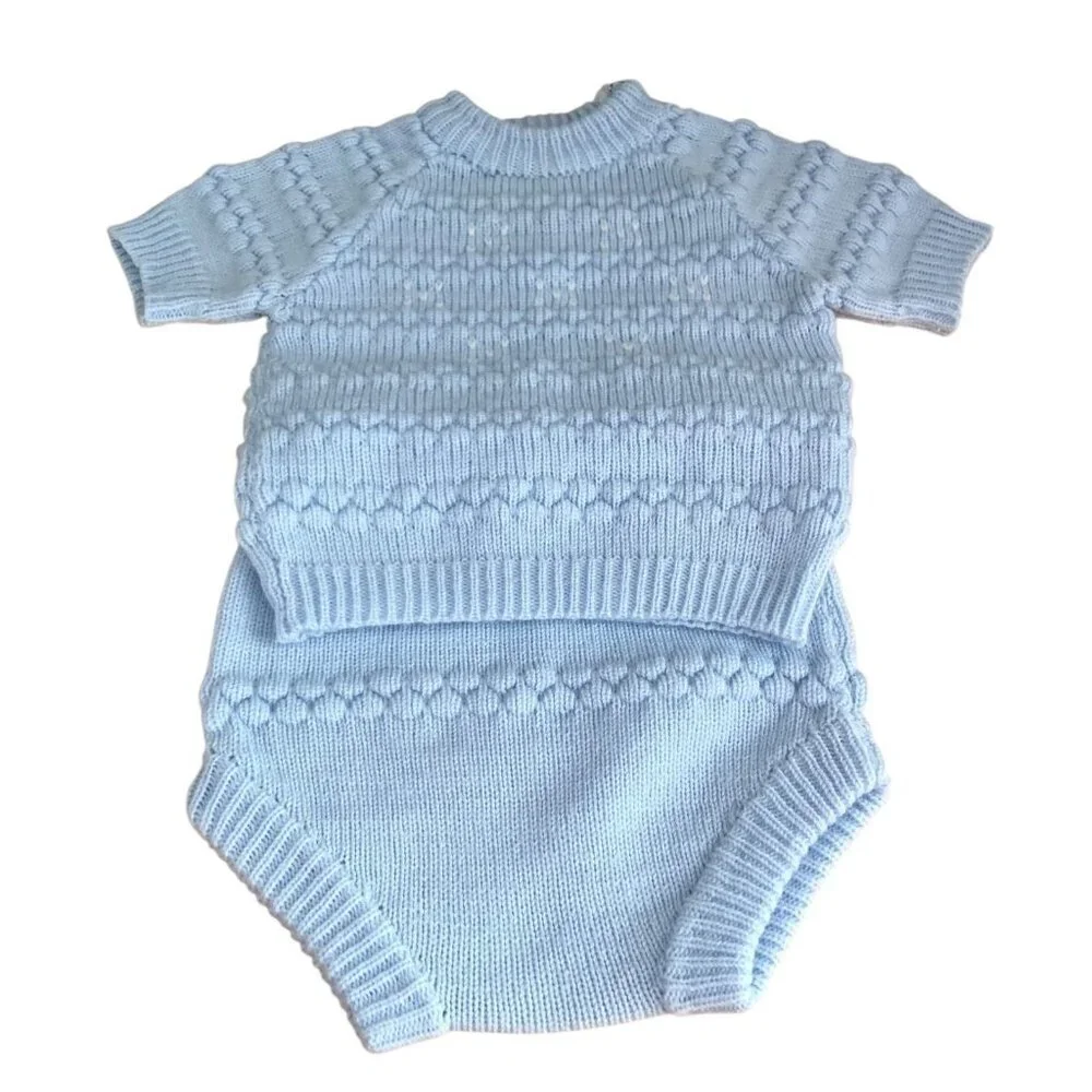 Vintage 60s Bubble Knit Sweater Set Boys 9  12M Blue White Top Bloomers Sock NEW
